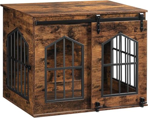 Dog Crate Furniture, 31.5" Farmhouse Dog Kennel with Sliding Barn Door, Wooden Dog Cage for Small Medium Dogs, Decorative Pet House Side End Table, Chew-Resistant, White and Walnut DCBA9601 in Kuwait