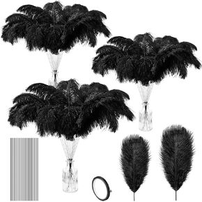 Tigeen 200 Pcs Ostrich Feathers Bulk 12-14 Inch,10-12 Inch 100 Natural Feathers for Vase with 100 Sticks and Tape Making Kit for DIY Wedding Floral Arrangement Party Centerpiece Decoration (Black)