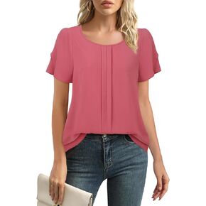 Chiffon Blouses for Women Business Casual Petal Short Sleeve Office Work Tops Dress Tunic Shirts