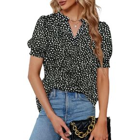 Astylish Womens Fashion Blouses Notched V Neck Puffer Short Sleeve Shirt Polka Dot Tops Chiffon Dressy Shirts