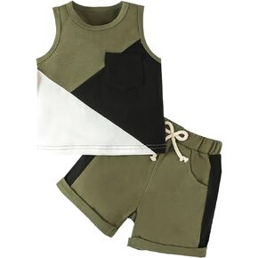 Toddler Boy Clothes, Baby Boys Cute Short Sleeve Sleeveless Patchwork Sweatshirt Tops Pants Outfit Set 2Pcs Set
