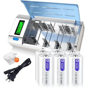 6 Packs D Rechargeble Batteries 1.2V 8000mAh NiMH with Universal LCD Battery Charger for AA AAA C D 9V NiMH NiCD Rechargeable Battery with Discharge Function