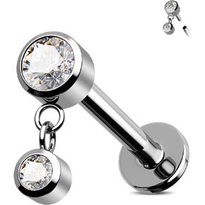 Jewseen G23 Titanium Flat Back Earrings Internally Threaded Conch Tragus Earrings 16g Dangle CZ Helix Piercing Jewelry Cartilage Earring Labret Piercing Jewelry for Women Men