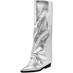 Knee High Boots for Women Fold over Knee High Boots Chunky Zipper Pointed Toe High Heels Tall Boots for Women