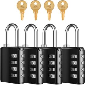 Outdoor Combination Padlock, 4 Digit Combination Lock with Key, Heavy Duty Weatherproof Gym Locker Lock with 2 Keys, for Fence, Case, Toolbox, 4 Pack, Black