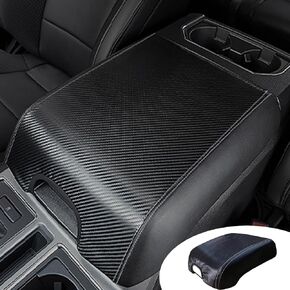 غطاء وحدة التحكم المركزية Pincuttee لـ 15-21 Ford F150 F250 F350 F450، غطاء ذراع جلدي من ألياف الكربون، غطاء واقي صندوق غطاء وحدة التحكم الوسطى لفورد مع مقعد دلو (15-21 ألياف الكربون، قطعة واحدة)