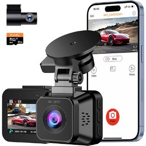 Dash Cam Front and Rear, 4K+1080P, Built-in GPS and WiFi APP Control with Free 64GB SD Card, 2.0’’ IPS Screen, Night Vision, 170°Wide Angle, WDR, Parking Mode