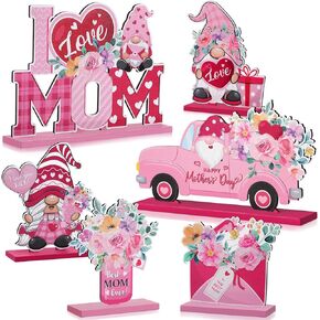 6 Pcs Mother's Day Wooden Centerpieces Table Decorations Happy Mother's Day Table Topper Signs Wood Table Centerpieces for Mother's Day Party Gift Dinner Table Home Decor (Pink Red)
