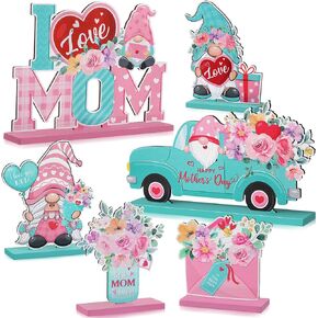 6 Pcs Mother's Day Wooden Centerpieces Table Decorations Happy Mother's Day Table Topper Signs Wood Table Centerpieces for Mother's Day Party Gift Dinner Table Home Decor (Pink Red)