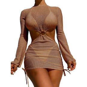 MakeMeChic Women's 3 Piece Swimsuit Tie Back Halter Triangle Thong Bikini Set with Cover Up Dress