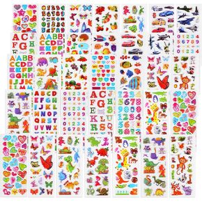 3D Stickers for Kids, 40 Different Sheets Stickers for Toddlers 2-4 Years, 1000+ Different Kids Stickers, Puffy Stickers for Reward & Craft, Toddler Stickers Including Animals, Fruits, Dinosaurs, Cars