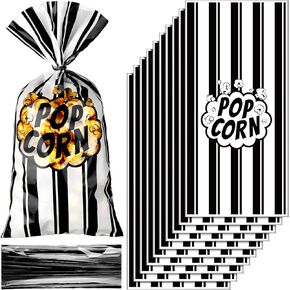 200 Pcs Carnival Mini Popcorn Bags Black and White Stripe Plastic Popcorn Bags Bulk Disposable Retro Popcorn Snack Bags with 200 Black Twist Ties for Movie Theater Carnival Festivals Party
