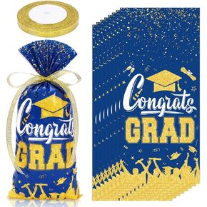 Whaline 100Pcs Graduation Cellophane Treat Bags with Ribbon Congrats Grad Plastic Gift Bags Blue Gold Candy Goodie Bags for Graduation Party Snacks Cookies Packing Supplies