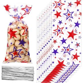 100 Pieces Patriotic Celllo Bags Independence Day 4th of July Candy Bags Goodie Bags Blue Red USA Star Cellophane Plastic Favor Bags with 100 Silver Twist Ties for American Memorial Day Party Supplies