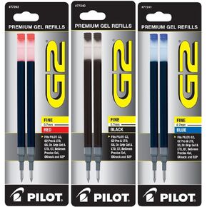 Pilot G2 Gel Ink Refill, 2-Pack for Rolling Ball Pens, Fine, Black, Red, & Blue