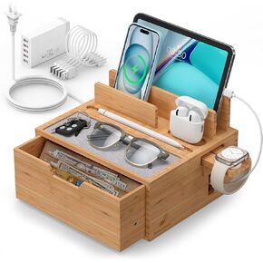 قاعدة شحن Pezin & Hulin Bamboo للأجهزة المتعددة مع 5 محاور شحن USB، وقاعدة شحن للهاتف مع صينية مبطنة ودرج (تشمل 5 كابلات شاحن) - أسود