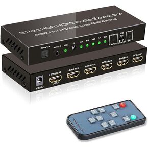 SkycropHD 5 Port 4K@60Hz HDMI Switch with Optical & 3.5mm AUX Audio Out, 5 in 1 Out HDMI 2.0 Switch Audio Extractor with Remote,Support ARC, HDCP 2.2, HDR10, 18Gbps