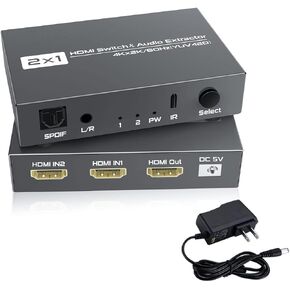 محول HDMI 2x1 مع TOSLINK Optical SPDIF ومخرج صوت ستيريو 3.5 مم، مستخرج صوت HDMI Switcher 2 مدخل، 1 مخرج مع جهاز تحكم عن بعد 4K@60hz(YUV420)، صندوق محول HDMI1.4b بمنفذين مع صوت in Kuwait