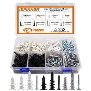 ISPINNER 250pcs Drywall Anchors and Screws Assortment Kit, Nylon and Zinc Self Drilling Wall Anchor for Sheetrock Gypsum - No Pilot Hole Required