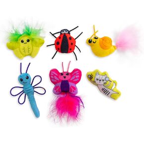 Catstages Cute As A Bug Plush Interactive Cat Toys, Bug Themed Kicker Catnip Toys with Feathers, Crinkle, Mesh, 6pk, Small, Multicolored