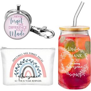 Hoolerry 3 Pcs Thank You Gifts for Women Thank You for Being Awesome 16oz Coffee Glass Cup Motivational Zipper Pouch Keychain (Appreciation)