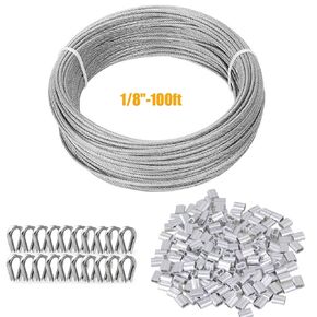 TooTaci 1/8" Wire Rope Kit,100FT 1/8 Stainless Steel Cable Coated,1/8 Inch Aircraft Cable,1/8 Steel Cable with 50pcs 1/8 Crimping Loops,20pcs Steel Thimble,for Cable Railing,Shade Sail,Outdoor Hanging