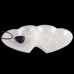 Wish Well Heart Selenite Bowl with Amethyst Necklace – 4" Selenite Crystal Bowl – Mined and Crafted in Morocco – Ideal for Cleansing and Recharging Crystals and Healing Stones, Meditation, and Decor
