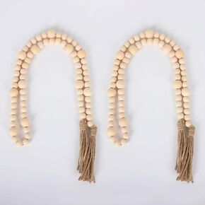 2 PCS Jute Tassel with 3 Wooden Beades Farmhouse Decorative Beads Natural Jute Rope Tassels Beaded for Living Room Coffee Table (Jute Tassel Bead, 2 Packs)