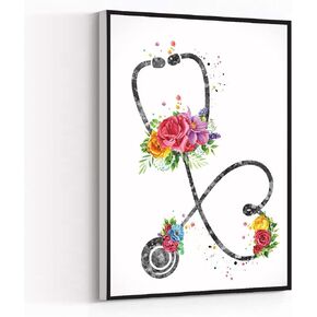 Stethoscope Floral Watercolor Print Medical Tools Wall Art Nurse Gift Medical Art Flovers Clinic Decor Gift Doctor Office Nurse Gift Canvas Wall Decor 8X12 Inch Framed Modern Canvas Wall Art