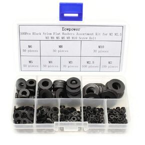 Eowpower 500Pcs Black Nylon Flat Washers Assortment Kit for M2 M2.5 M3 M4 M5 M6 M8 M10 Screw Bolt