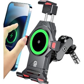 BRCOVAN Motorcycle Fork Stem Phone Mount with Qi 15W Wireless Charger & Vibration Dampener, Anti-Theft, Anti-Shake, Adjustable, Aluminum Alloy Motorcycle Cell Phone Holder for 4.7''-7.2'' Cellphone