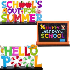 Haooryx 3Pcs Summer End of School Year Wood Centerpieces Decoration, Happy Last Day of School Wood Table Topper Decor Hello Pool Letter Sign for Last Day of School Party Summer Vacation Party Decor