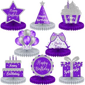 8 Pcs Birthday Centerpiece Table Decoration, Happy Birthday Honeycomb Centerpieces Purple and Silver Party Honeycomb Decorations Birthday Table Toppers for Girls Kids Men Women Party Supplies
