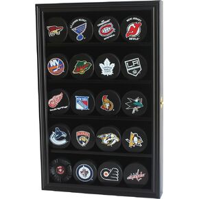 20 Hockey Puck Display Case Cabinet Holder Wall Rack 98% UV Protection Also Fits Pucks in Square Plastic Case (Mahogany Finish)