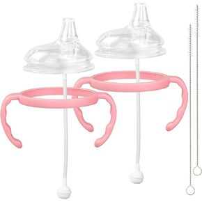 Sippy Cup Soft Spout Conversion Kit for Comotomo Baby Bottles, Transition Sippy Cup Bundle Fits Comotomo, Sippy Spout Nipples Weighted Straw, Bottle Handles and Cleaning Brush, Pink, 2 Pack