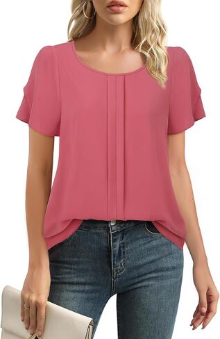 Chiffon Blouses for Women Business Casual Petal Short Sleeve Office Work Tops Dress Tunic Shirts in Saudi Arabia