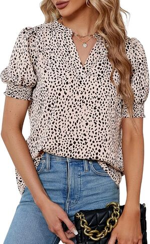 Astylish Womens Fashion Blouses Notched V Neck Puffer Short Sleeve Shirt Polka Dot Tops Chiffon Dressy Shirts in Kuwait