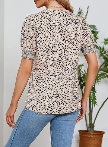 Astylish Womens Fashion Blouses Notched V Neck Puffer Short Sleeve Shirt Polka Dot Tops Chiffon Dressy Shirts in Kuwait