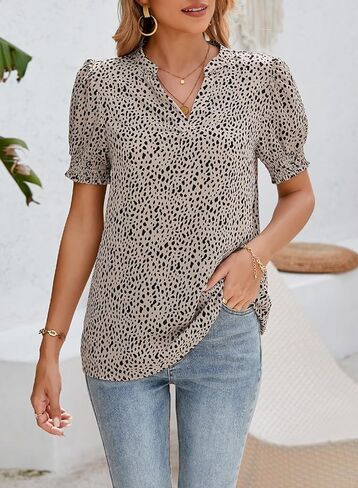 Astylish Womens Fashion Blouses Notched V Neck Puffer Short Sleeve Shirt Polka Dot Tops Chiffon Dressy Shirts in Kuwait