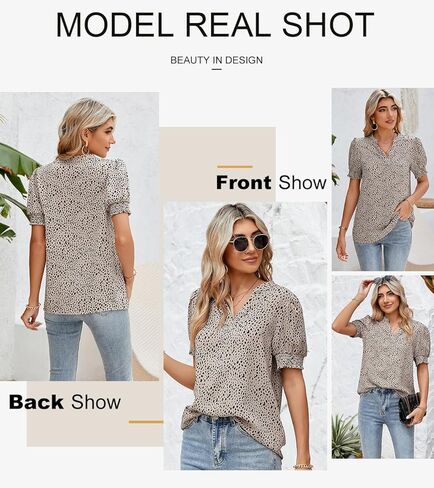 Astylish Womens Fashion Blouses Notched V Neck Puffer Short Sleeve Shirt Polka Dot Tops Chiffon Dressy Shirts in Kuwait
