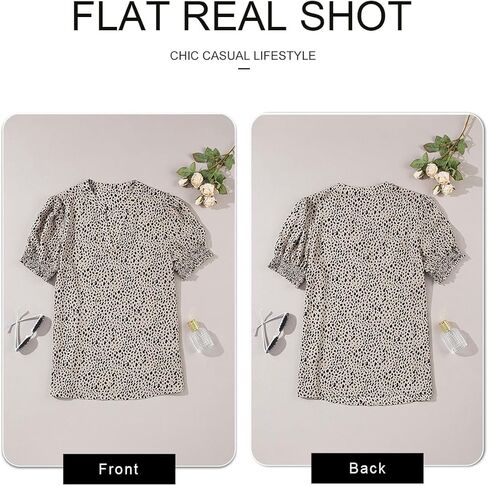 Astylish Womens Fashion Blouses Notched V Neck Puffer Short Sleeve Shirt Polka Dot Tops Chiffon Dressy Shirts in Kuwait