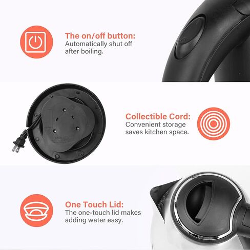 Stainless Steel Electric Tea Kettle, Electric Kettles for Boiling Water, 1.7L Electric Kettle, Cordless Water Boiler with 360 Degree Rotational Base, Automatic Shut Off, 1000W, Silver (Black) in Kuwait