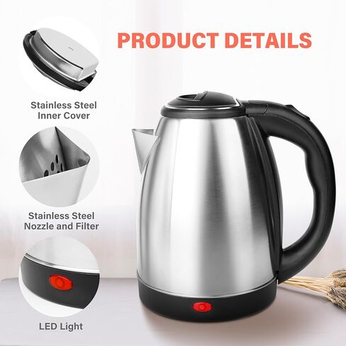 Stainless Steel Electric Tea Kettle, Electric Kettles for Boiling Water, 1.7L Electric Kettle, Cordless Water Boiler with 360 Degree Rotational Base, Automatic Shut Off, 1000W, Silver (Black) in Kuwait