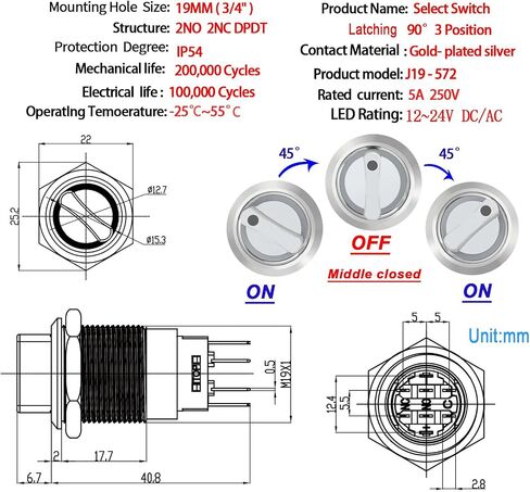 Rotary Switch 19mm in 3 Positions, Blue LED Light 12-24VDC, Lock Selection Switch 250V 2NO (Left Open, Middle Close, Right Open) in Saudi Arabia