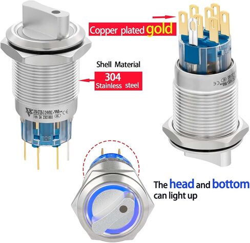 Rotary Switch 19mm in 3 Positions, Blue LED Light 12-24VDC, Lock Selection Switch 250V 2NO (Left Open, Middle Close, Right Open) in Saudi Arabia