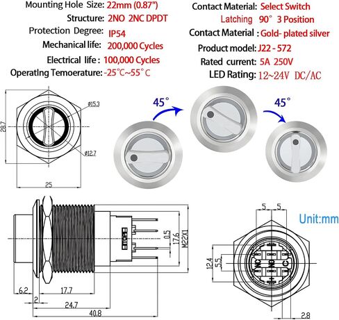 Rotary Switch 19mm in 3 Positions, Blue LED Light 12-24VDC, Lock Selection Switch 250V 2NO (Left Open, Middle Close, Right Open) in Saudi Arabia