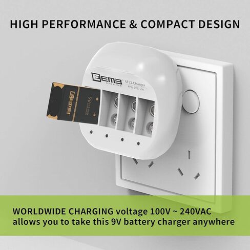 شاحن بطارية ليثيوم أيون EEMB LP 9V قابل لإعادة الشحن لبطاريات ليثيوم أيون 6F22 650 مللي أمبير 9 فولت لإنذار الدخان والكاميرات الرقمية وساعات اللعب (شاحن 4 خليج) in Saudi Arabia