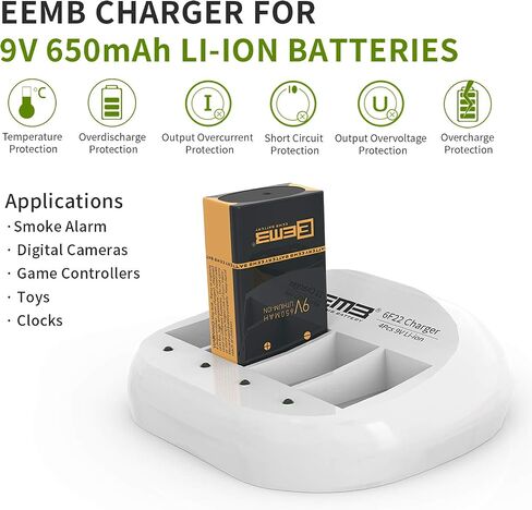 شاحن بطارية ليثيوم أيون EEMB LP 9V قابل لإعادة الشحن لبطاريات ليثيوم أيون 6F22 650 مللي أمبير 9 فولت لإنذار الدخان والكاميرات الرقمية وساعات اللعب (شاحن 4 خليج) in Saudi Arabia
