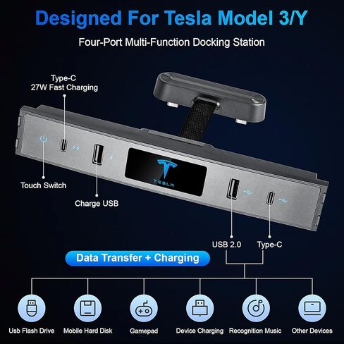 محطة إرساء متعددة المنافذ لطراز Tesla 3/Y، محول شحن سريع لملحقات Tesla Model 3 Model Y 2022 2021 USB C Hub لوحدة التحكم المركزية لداخلية Tesla in Kuwait