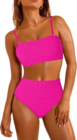 Pink Queen Women 2 Piece Bandeau Swimsuits Strapless Textured Bikini Set High Waisted Bathing Suits in Saudi Arabia
